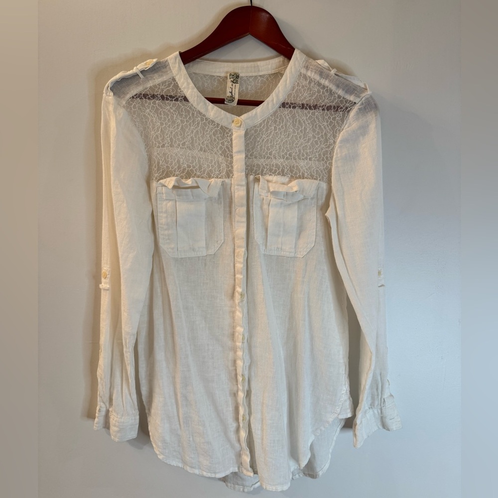 Free People White Linen and Lace Button Down